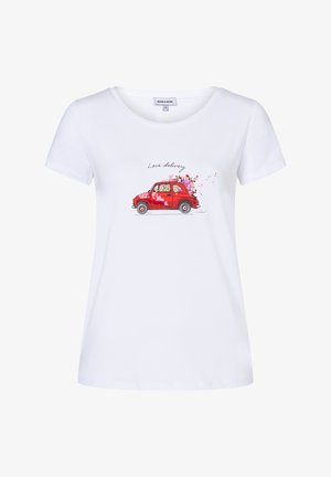 White t-shirt made of cotton with a round neckline, featuring a red car graphic and “Love delivery” text with floral accents in pink.
