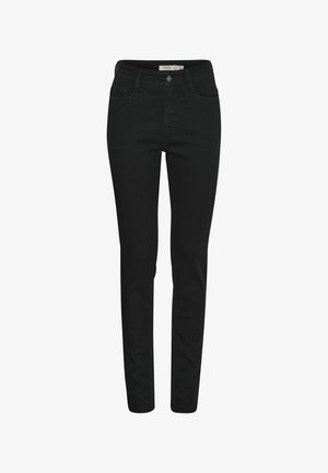 Jeans ajustados de denim negro con una cintura de tiro medio, cinco bolsillos y una textura suave. Con cierre frontal de botón y cremallera.