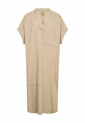Khaki sukienka do kolan z krótkimi rękawami, dekoltem w kształcie litery V oraz kontrastującymi detalami szycia. Wykonana z lekkiego materiału o luźnym kroju.