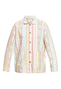 Patterned jacket featuring a mix of pastel colors, including mint green and soft pink, with wooden buttons and two front pockets.