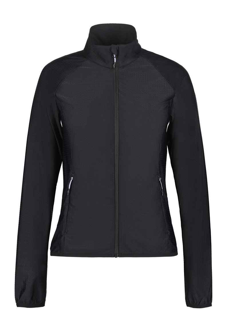 Svart zippered jacka med långa ärmar, ståkrage, strukturerad tyg och två sidofickor med kontrasterande dragkedjor.