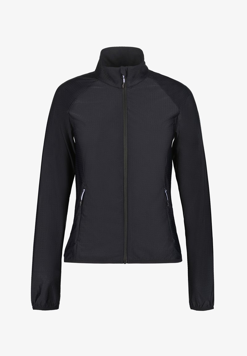 Svart zippered jacka med långa ärmar, ståkrage, strukturerad tyg och två sidofickor med kontrasterande dragkedjor.