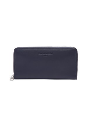 Portafoglio in pelle blu navy con zip girovita e zip in argento, con marchio "Liebeskind Berlin" embossato al centro frontale.
