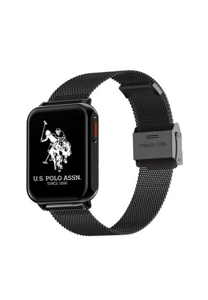 Smartwatch rettangolare nero con cinturino in acciaio inossidabile a maglia e logo U.S. Polo Assn. con un giocatore di polo a cavallo.