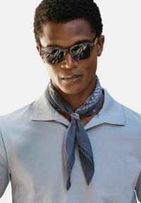 Harmaa polo-paita, jossa on tummansininen kuvioitu huivi solmittuna kaulaan, sekä mustat aurinkolasit, jotka heijastavat valoa. Yksinkertainen, moderni muotoilu.