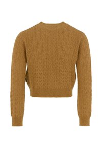 Maglione lavorato a maglia khaki con un motivo testurizzato, colletto rotondo a coste e maniche lunghe. Lunghezza cropped con vita aderente.