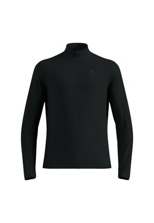 Zwarte top met lange mouwen, een hoge kraag en een halve rits. Gemaakt van soepele, lichte stof met een subtiele logo op de borst.