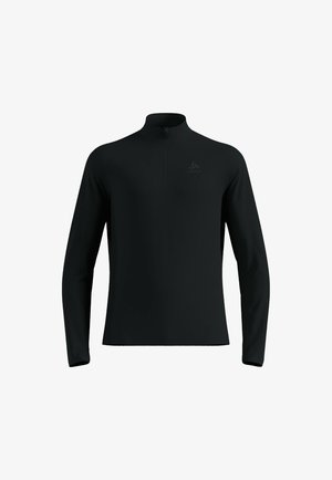 Zwarte top met lange mouwen, een hoge kraag en een halve rits. Gemaakt van soepele, lichte stof met een subtiele logo op de borst.