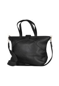 Bolso de piel negra con forma estructurada, dobles asas y una correa de hombro ajustable. Presenta un detalle de herrajes en tono dorado.