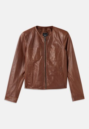Brown leather jacket with a round neckline, front zip closure, two chest pockets, and smooth texture. Features a tailored fit and long sleeves.