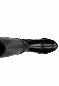 Stivale nero in pelle fino al ginocchio con punta arrotondata e cerniera laterale, visto dall'alto su sfondo bianco.