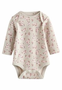 Body per neonati a maniche lunghe color beige a coste, con stampa floreale in rosa e marrone, colletto ad avvolgimento e chiusure a pressione nel cavallo.