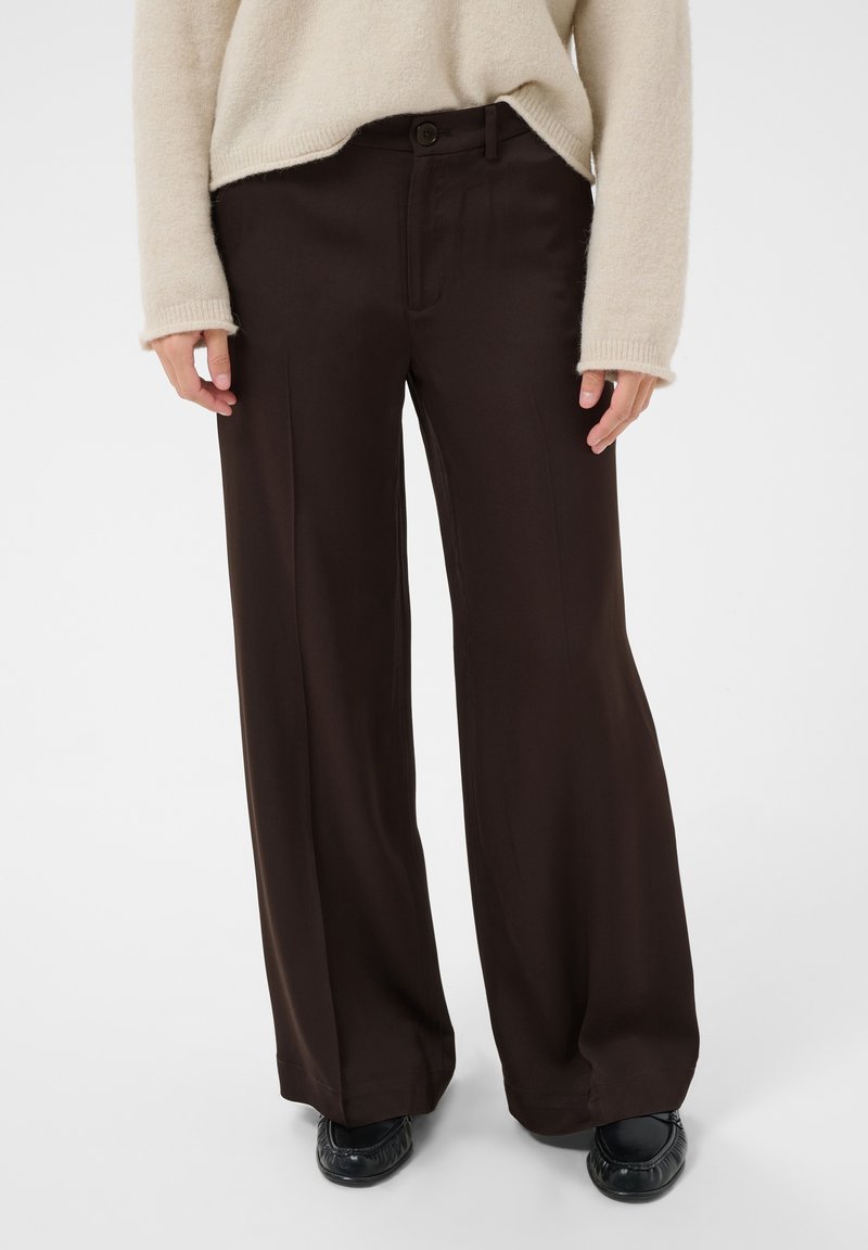 Personne portant un pantalon marron foncé à jambes larges, un pull beige et des chaussures noires, debout devant un fond uni.