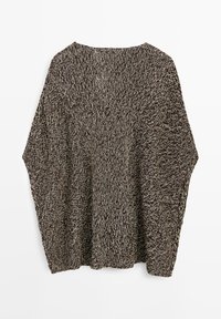 Maglione marrone e bianco a maglia mélange con maniche lunghe e ampie e scollatura rotonda larga, mostrato di spalle.