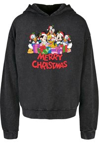 Black hoodie featuring a graphic of cartoon characters with Santa hats and colorful gift boxes, text reads "MERRY CHRISTMAS" in bold red.