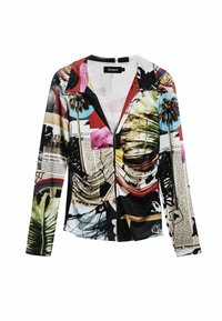 Višebojna košulja dugih rukava s apstraktnim uzorcima, palmama i natpisom. Izrađena od glatkog, laganog materijala s kragnom.