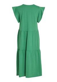 Robe verte à manches courtes et à volants, de coupe ample avec coutures froncées, vue de dos sur fond blanc.