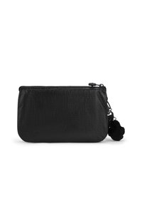 Pochette nera, texture, con chiusura a zip, caratterizzata da un pompon nero rotondo attaccato alla zip. Forma compatta e rettangolare.