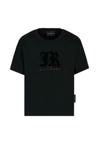 T-shirt en coton noir à manches courtes avec un logo "R" texturé en noir et le texte "JOHN RICHMOND" en dessous. Étiquette sur le côté gauche.