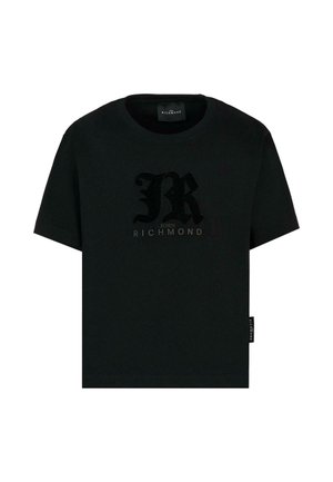 T-shirt in cotone nero con maniche corte, caratterizzata da un logo "R" testurizzato in nero e il testo "JOHN RICHMOND" sottostante. Etichetta sul lato sinistro.