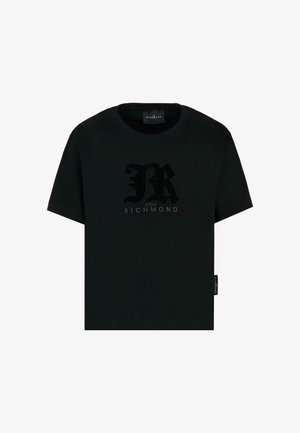 Czarny bawełniany t-shirt z krótkim rękawem z teksturowanym czarnym logo "R" oraz napisem "JOHN RICHMOND" poniżej. Metka po lewej stronie.
