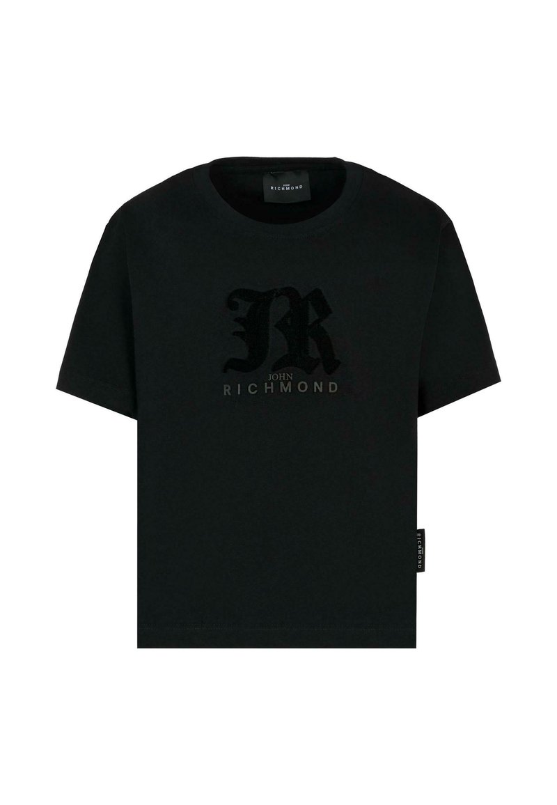 T-shirt en coton noir à manches courtes avec un logo "R" texturé en noir et le texte "JOHN RICHMOND" en dessous. Étiquette sur le côté gauche.
