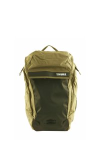 Zaino Thule in verde oliva e nero, realizzato in materiale resistente. Presenta una maniglia superiore, scomparti con cerniera e una tasca laterale.