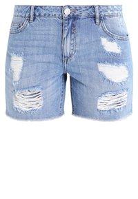 Light blue denim shorts with a frayed hem, featuring distressed rips, five pockets, and a front button closure.