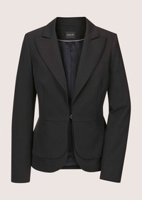 Black tailored blazer with notch lapels, long sleeves, and two front pockets, shown on a plain light background.