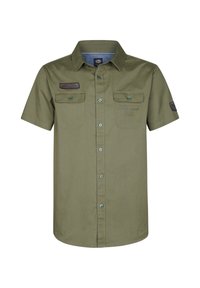 Camisa de manga corta en verde oliva con cuello abotonado, dos bolsillos en el pecho y detalle de logo bordado. Material de mezcla de algodón con textura suave.