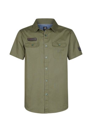 Olive green short-sleeve shirt with button-down collar, two chest pockets, and embroidered logo detail. Smooth texture, cotton blend material.