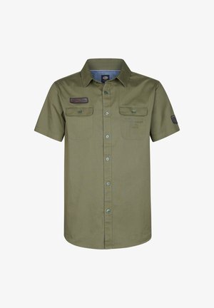 Olijfgroene shirt met korte mouwen en een button-down kraag, twee borstzakken en geborduurd logo-detail. Gladde textuur, katoenmix materiaal.