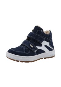 Dunkelblaue Kindersneaker mit weißen Akzenten, zwei Klettverschlüssen, gummierter Sohle und flauschigem beigen Futter innen.