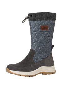 Botte haute avec un dessus en textile bleu matelassé, un bas en suède gris, une semelle en caoutchouc et un dessus en feutre repliable. Présente une étiquette de marque décorative.