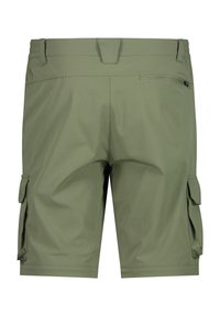 Cargo shorts i olivgrön, med en slät tygkvalitet, plan midjeband, sidofickor och en dragkedjefickan bak för förvaring.