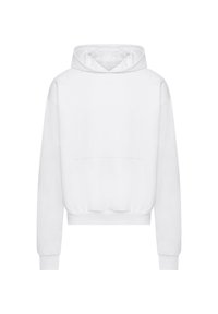 White cropped hoodie made of soft fabric, featuring a drawstring hood, long sleeves, a front pocket, and ribbed cuffs and hem.
