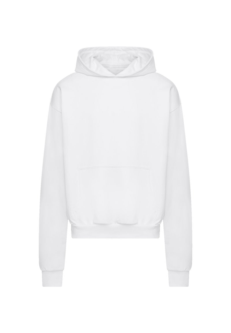 White cropped hoodie made of soft fabric, featuring a drawstring hood, long sleeves, a front pocket, and ribbed cuffs and hem.