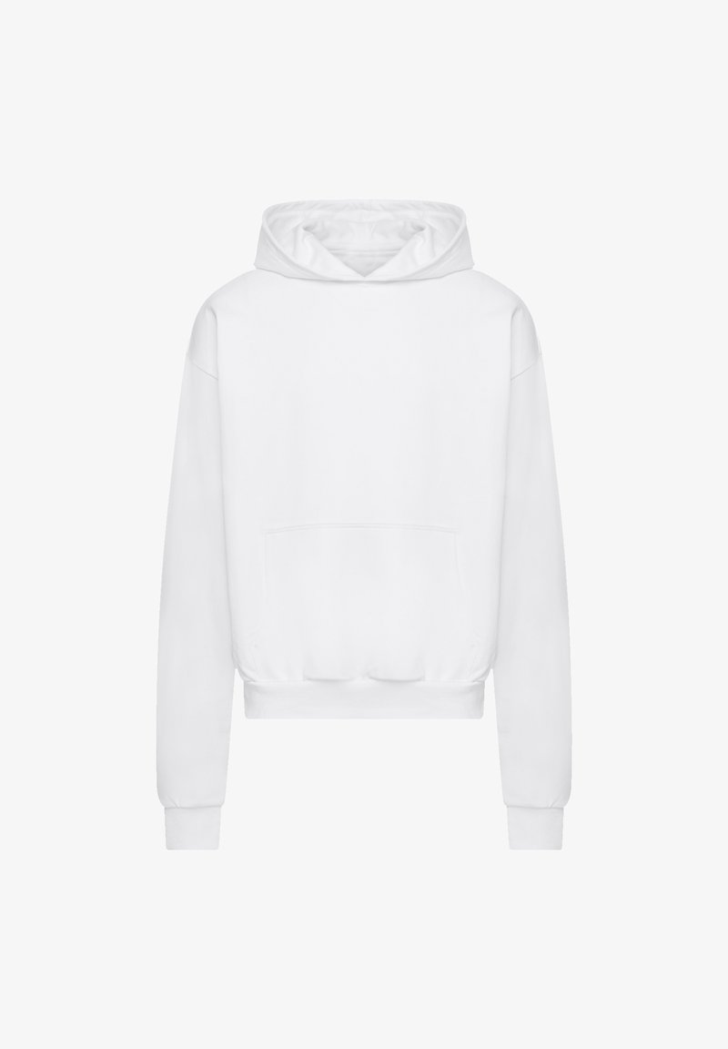White cropped hoodie made of soft fabric, featuring a drawstring hood, long sleeves, a front pocket, and ribbed cuffs and hem.