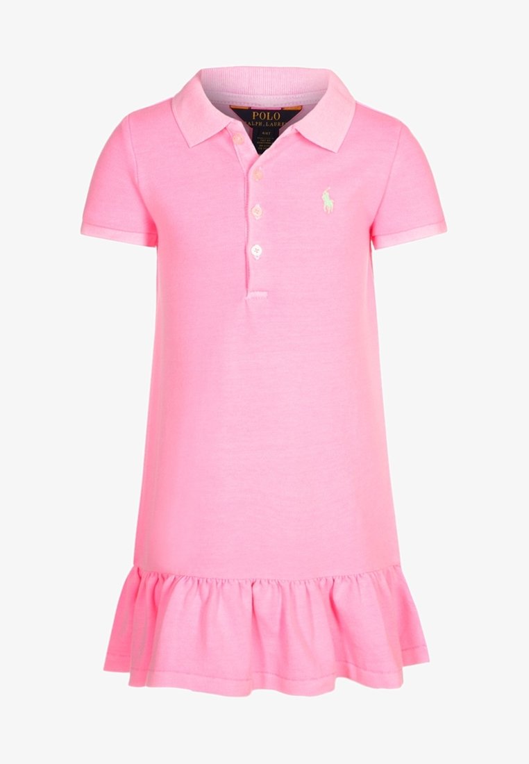 Robe polo à manches courtes rose pour filles avec col, patte de boutonnage à trois boutons, ourlet froncé et petit logo brodé sur la poitrine.