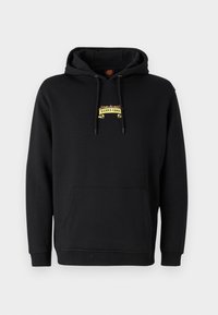 Black hoodie made of soft fabric. Features a kangaroo pocket and drawstring hood. Front displays a colorful "Santa Cruz" logo with floral accents.