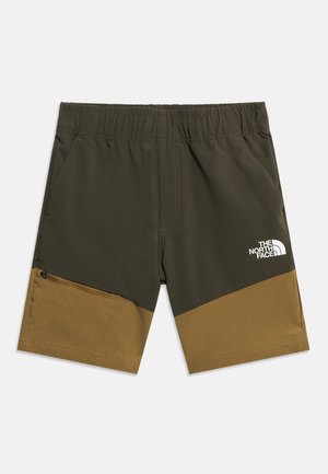 Męskie dwukolorowe szorty w oliwkowym i brązowym kolorze, z elastycznym paskiem w talii, zapinaną na zamek kieszenią boczną oraz logo The North Face na prawej nogawce.