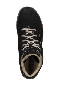 Scarpe alla caviglia in suede nero con lacci e rivestimento beige, caratterizzate da una punta arrotondata e dettagli cuciti. Progettate per comfort e calore.