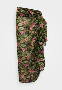 Gjennomsiktig sjal i svart med livlige grønne blader og rosa blomster, med et flytende design og myk tekstur for allsidig styling.