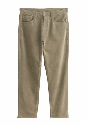 Khaki kordbársonyi nadrág egyenes lábbal, négy zsebbel és elülső gombos zárással. Puha tapintású és látható bordázattal.