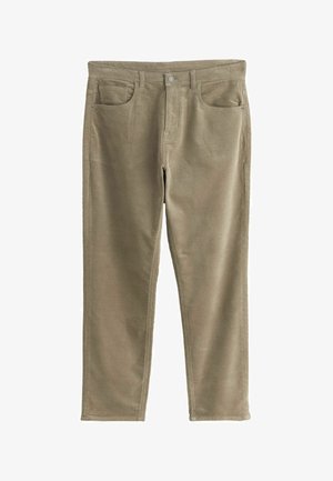 Khakifarbene Cordhosen mit geradem Bein, ausgestattet mit vier Taschen und einem vorderen Knopfverschluss. Weiche Textur und sichtbare Rippung.