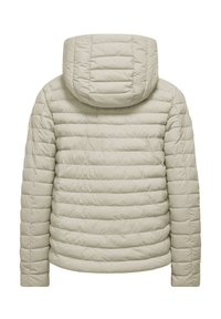 Giubbotto imbottito beige con cappuccio staccabile, texture trapuntata e polsini elasticizzati. Presenta una finitura liscia e una silhouette rilassata.