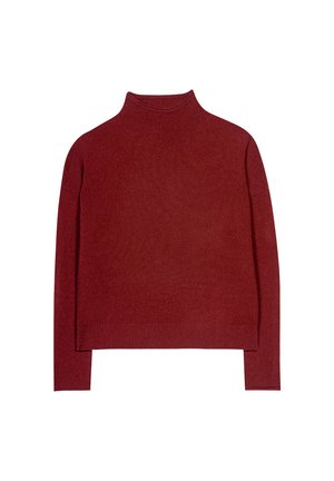 Roter Langarm-Turtleneck-Pullover mit gerippten Bündchen und Saum, flach auf einem wei ßen Hintergrund drapiert.
