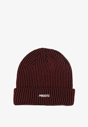 Ciepła czapka z dzianiny w czerwono-czarne paski. Posiada podwijany mankiet z białym logo "PROSTO". Miękka w dotyku, dopasowany, zaokrąglony kształt.