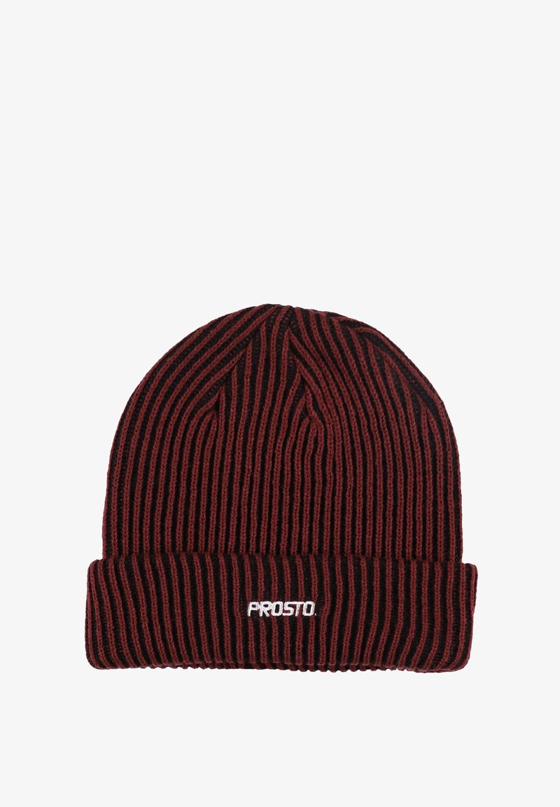 Ciepła czapka z dzianiny w czerwono-czarne paski. Posiada podwijany mankiet z białym logo "PROSTO". Miękka w dotyku, dopasowany, zaokrąglony kształt.