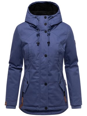 Veste bleu marine avec capuche, dotée d'une doublure en polaire, de fermetures zippées et à bouton, de deux poches avant et de détails en accent.
